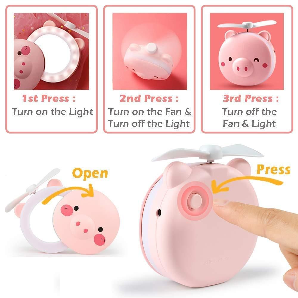 Cartoon Cute LED Lights Mirror Pocket Fan